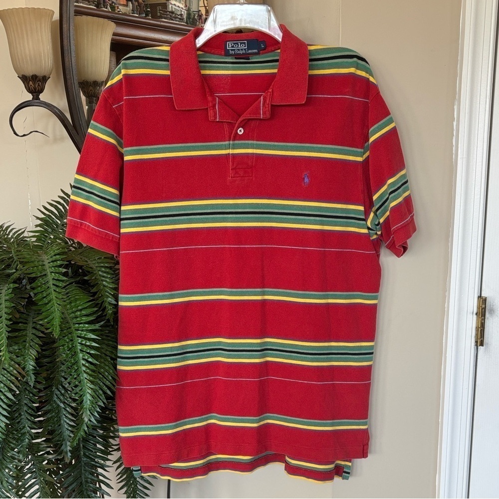 Polo Ralph Lauren Red Striped Polo Shirt Short Sleeve Golf Embroidered Blue Pony